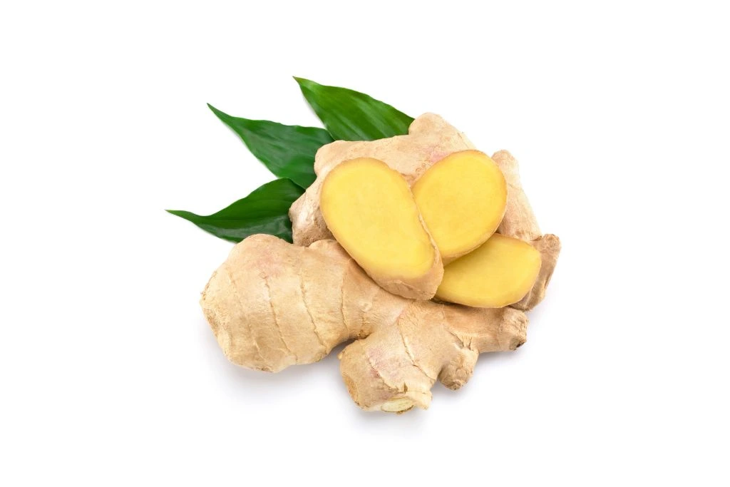 ginger root and slices on white background
