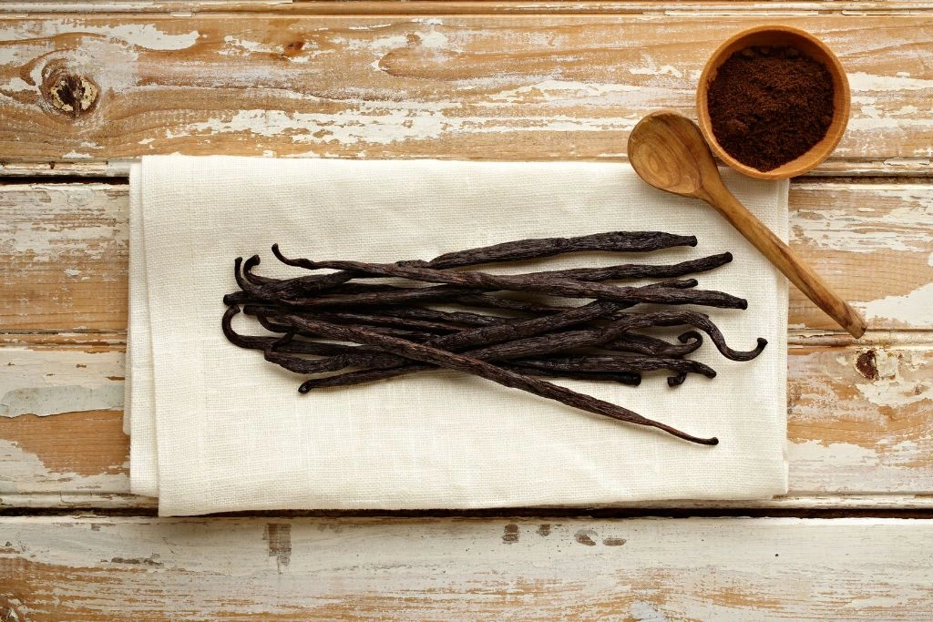 vanilla seed pods on the table with wooden spoon and powdered cocoa