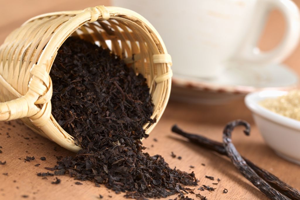 black tea leaves on small basket