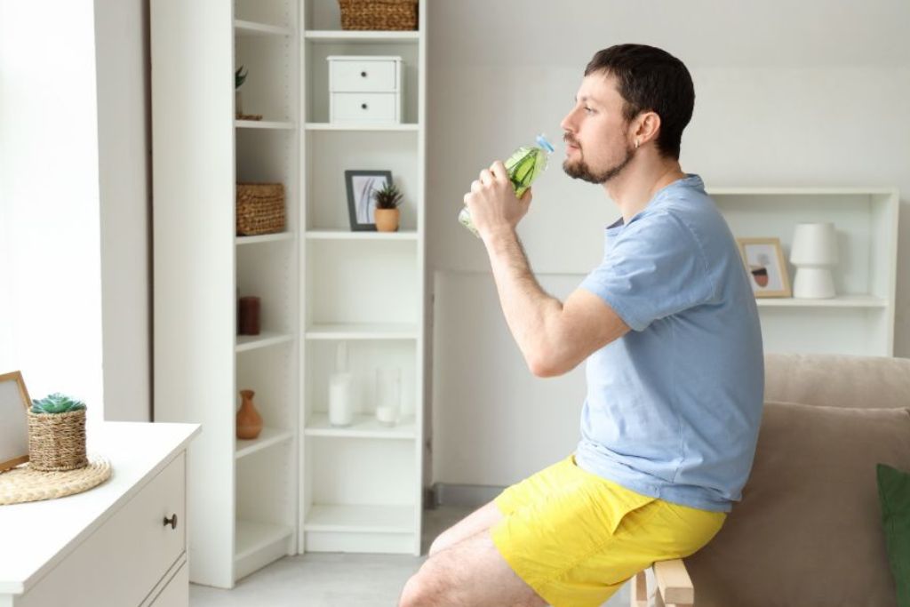 young man drinking cucumber at home
