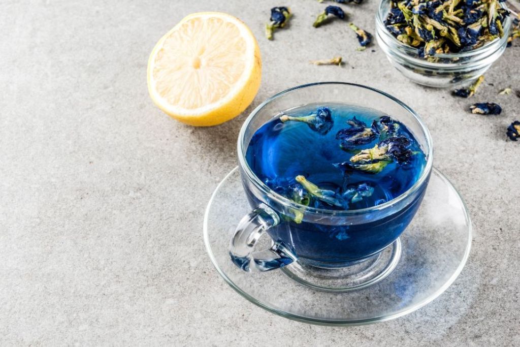 a cup of butterfly pea tea with slide lemon on the side